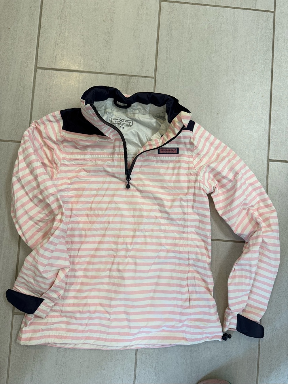 Vineyard Vines Pink & White Striped Pullover Raincoat with Navy Accents